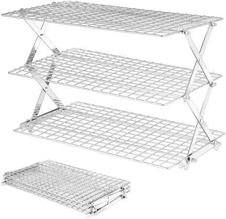 BEWOS 3-Tier Collapsible Cooling Rack - Adjustable Stainless Steel Baking Rack with X-Shaped Design and Leak-Proof Mesh Surface, Mirror Polished & Dishwasher Safe Cooling Rack
