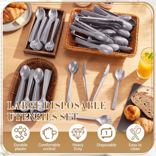 FoldTier 72 Pcs Disposable Plastic Serving Utensils Set Silver Serving Spoons Forks Tongs, Disposable Utensils for Party Weddings Birthday Dinner Buffets Banquets