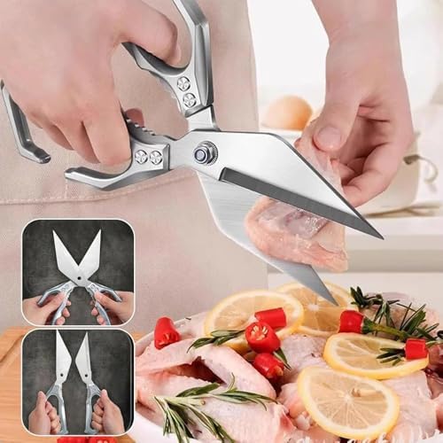 Stainless Steel Bone-Cut Kitchen Scissors, Poultry Shears - Heavy Duty Kitchen Scissors for Food with Ergonomic Handle, Ultra Sharp for Chicken, Meat, Seafood, Bone Cutting (Red)