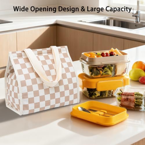 Insulated Lunch Bag for Work, 10.2"x5.9"x10.2" Oxford Waterproof Lunch Tote, Thermal Lunch Box for Office, Picnic & Outdoor, Striped Canvas Tote Bag -Check Brown