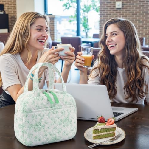 WOBAGMEN Quilted Lunch Box for Women,Coquette Aesthetic Lunch Box,Cute Elegant Green Floral Lunch Bags for Work,Office,Picnic,Travel(Elegant Green Floral)