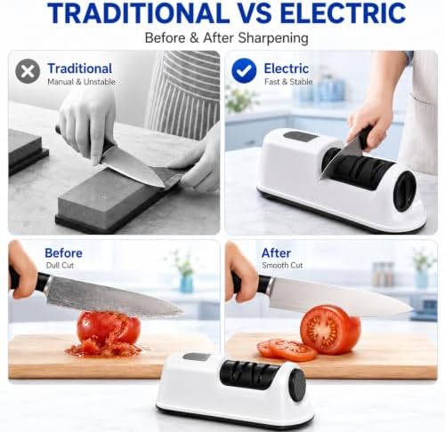 2-Stage Electric Knife Sharpener for Chef Knives, Fast, Safe & Easy Sharpening & Polishing, Ideal for Home Use & Beginners, Quickly Restore Dull Blades, White