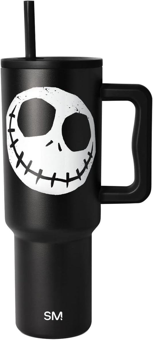 Simple Modern Halloween 40 oz Trek Tumbler with Handle and Straw Lid | Nightmare Before Christmas Cup Holder Friendly Insulated Stainless Steel Travel Mug | Skellington Head