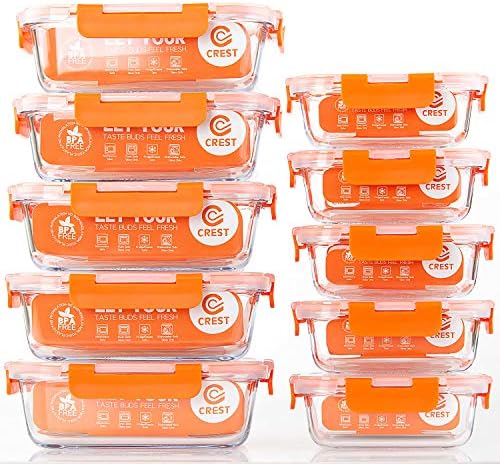 C CREST [10-Pack] Glass Food Storage Containers - Food Prep Containers with Lids - Microwave, Oven, Freezer and Dishwasher Safe