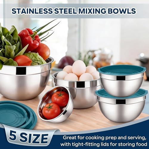 E-far Mixing Bowls with Lids Set, Stainless Steel Cooking Salad Bowls, Blue