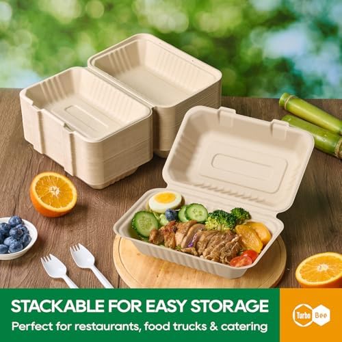 Turbo Bee 75 Pack Natural Compostable Take Out Containers, 9x6 Disposable Clamshell Food Containers with Lids, To Go Boxes for Food Truck, BBQ, Meal Prep & Catering