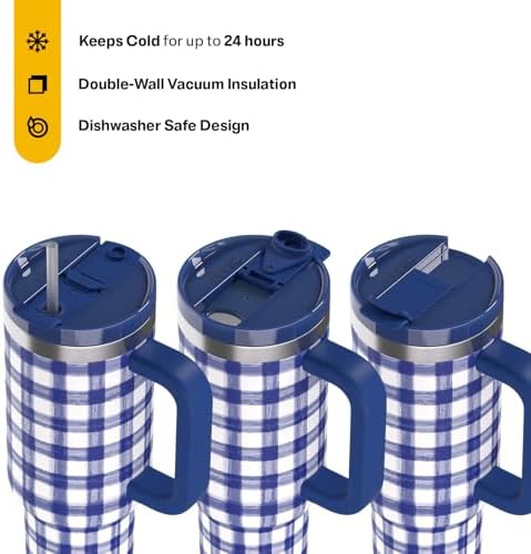 RTIC 40oz Road Trip Tumbler, Insulated, Ceramic Lined, Cobalt Gingham