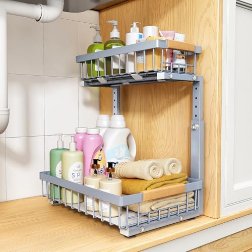 PXRACK Under Sink Organizer, Adjustable Height, 2 Tier Pull Out Under Cabinet Organizer, Slide Out Thickened Metal Under Sink Storage for Kitchen Bathroom Laundry Pantry Cabinet, Grey, Large-1-Pack