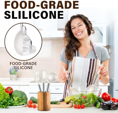 3Pcs Silicone Cooking Spoon Set, Kitchen Utensils Include Solid & Slotted Spoon, Soup Ladle, Food-Grade Heat Resistant 446°F, Non-Scratch Spoons for Serving, Stirring, Draining, Dishwasher Safe, Beige