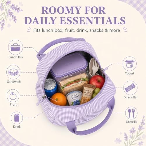 Bluboon Lunch Box for Women Cute Lunch Bag Reusable Insulated Lunch Bags Large Capacity Lunchbox Cooler for Work Picnic or Travel Gifts (Purple White checker, 10 x 7.5 x 8 inches)