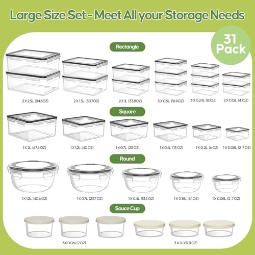 62 PCS Large Food Storage Containers with Lids Airtight Reusable Plastic