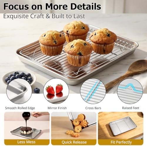Onader Baking Sheet with Cooling Rack Set, 9¼ x 7 Inch Small Cookie Sheets for Baking, Stainless Steel 1/8 Sheet Pan and Wire Rack Set, Metal Toaster Oven Pan Tray, 1 Pan + 1 Rack
