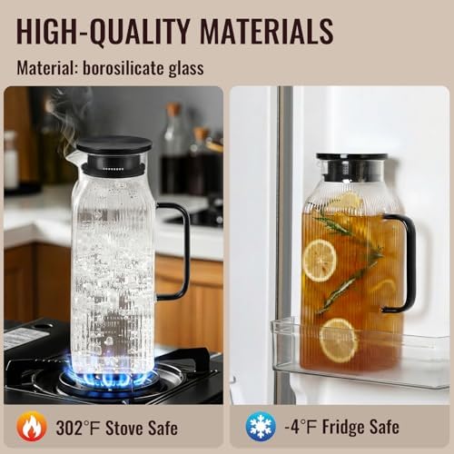 2 Pack 2 Liter/68 oz Square Glass Pitcher with Lid, Classic Stripes Water Pitchers with Handle for Fridge, Large Jug for Iced Tea, Coffee, Borosilicate Glass Carafe for Hot/Cold Brew Drink, Black