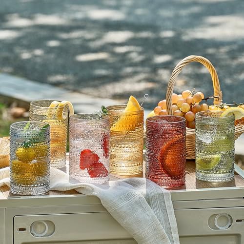 Colored Hobnail Drinking Glasses Set of 6, 12oz Vintage Kitchen Glassware, Embossed Beaded Glass Cups, Water Glasses, Colorful Water Tumbler for Cocktail, Juice, Various Mixed Drink (Dishwasher Safe)