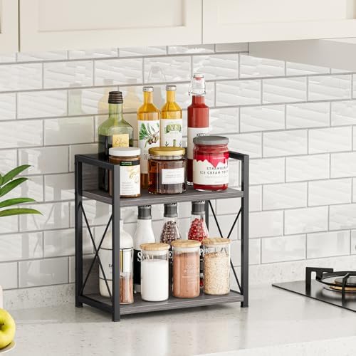 Giikin Countertop Shelf Organizer, 2 Tier Coffee Organizer for Desktop, Grey Counter Shelf Spice Rack for Kitchen (Grey, M)