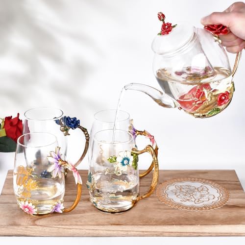 OEAGO Enamel Glass Flower Tea Pot 30.4OZ Birthday Gifts for Women Mom