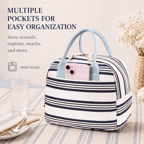 LOVELYWIND Lunch Box for Women, Insulated Lunch Bag, Navy Stripe Tote
