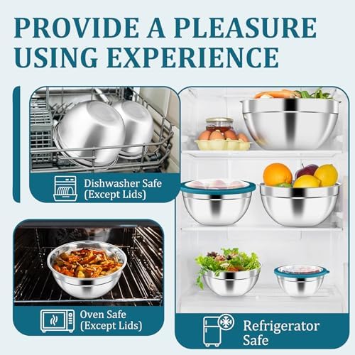 P&P CHEF Metal Mixing Bowls with Lids Set, Visible Airtight Lids & Blue