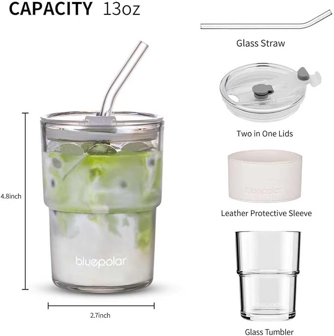 13oz/400ml Glass Water Tumbler with Straw and Lid Sealed Carry on Thick Wall Iced Coffee Cup for Water, Iced Tea, Fruit Juice (White with Protective Sleeve)