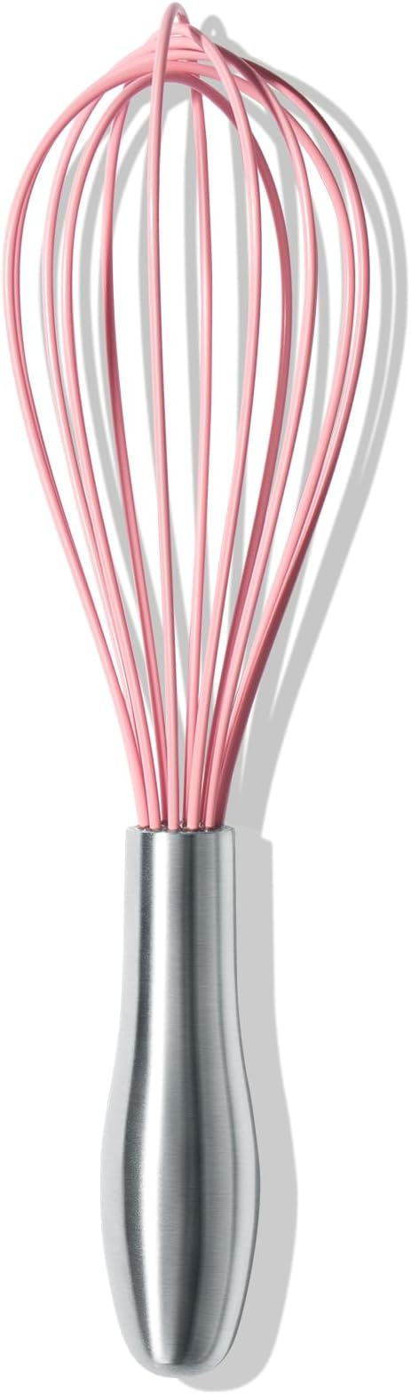 10-Inch Pink Silicone Whisk, Heat Resistant 480°F Kitchen Whisk with Stainless Steel Ergonomic Handle, Non-Scratch for Nonstick Cookware, Dishwasher Safe, Perfect for Blending, Cooking & Beating
