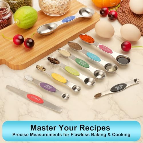 Magnetic Measuring Spoons Set of 9 with Leveler, Color-Coded Dual Sided Stainless Steel Measuring Spoon Set, Stackable Teaspoon and Tablespoon Set for Baking, Cooking, Kitchen Gadgets Dishwasher Safe