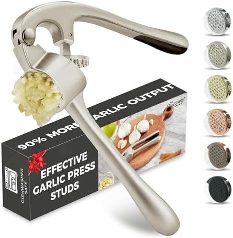 Kitessensu High Effective Garlic Press With Studs, Heavy Duty Garlic Mincer, Easy to Squeeze and Clean, Rust Proof, Ginger Crusher- Imperial Silver