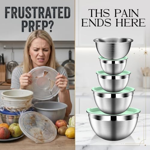 DUTZUN Mixing Bowls with Lids Set, Stainless Steel Mixing Bowl Set with Colander, Strainer with Bowls - Pistachio