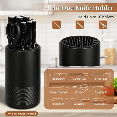 Universal Knife Block Without Knives,Sandstone Look,Round Knife Holder with Slots for Scissors & Sharpening Rod,Safe Space Saver Knife Storage Stand,Detachable Knife Organizer- Matte Balck