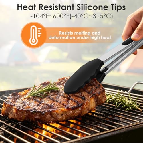 HOTEC Stainless Steel Kitchen Tongs with Silicone Tips, Set of 2-9" and 12"