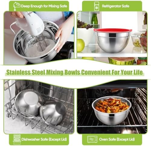 P&P CHEF Metal Mixing Bowls with Lids Set, Airtight Lids & Red