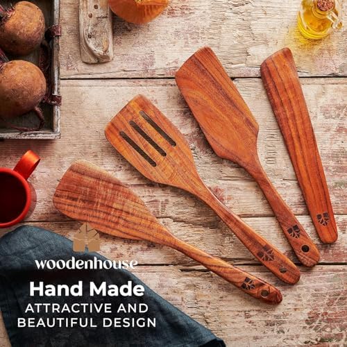 Wooden Spatula for Cooking, Teak Wood Set of 4 for Non Stick Frying Pan