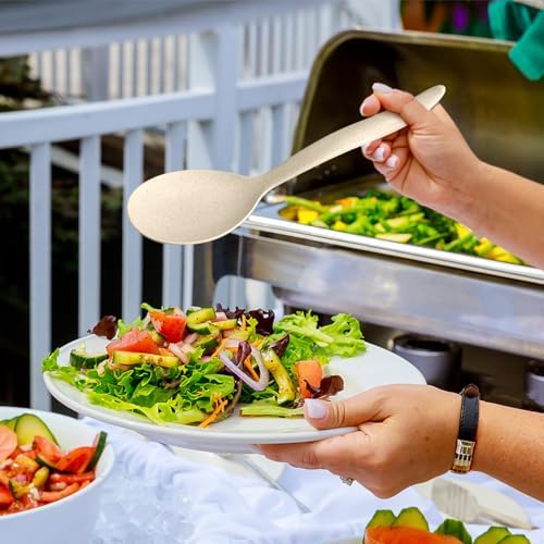 Reusable Plastic Serving Utensils Set of 12, Heavy Duty Wheat straw Large Serving set 10" Serving Spoons/10" Slotted Spoons/9.4" Tongs, for Party Buffet Catering (Khaki, Not for Cooking)