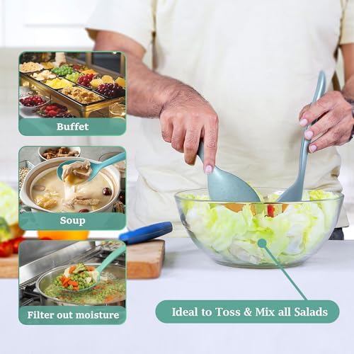 Reusable Plastic Serving Utensils Set of 12, Wheat straw Large Serving set 10" Serving Spoons/10" Slotted Spoons/9.4" Tongs, for Party Buffet Catering (Ocean, Not for Cooking)