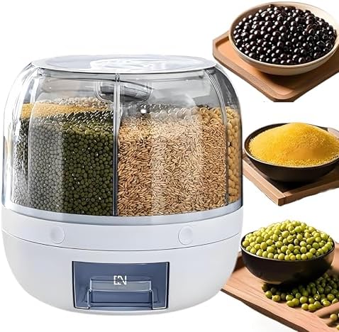 Rotating Grain Storage Bin 6 Grids Rice Container One-Click Output Large Capacity Food Dispenser For Rice Grains Sealed Moisture Proof Organizer (Grey) (Small)