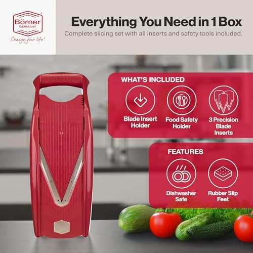 Swissmar Börner VPower V-Slicer Mandoline – Professional Kitchen Tool with Adjustable Thickness – Precision Food Slicer for Vegetables, Julienne & Shredding – Includes Safety Holder & Inserts - Red