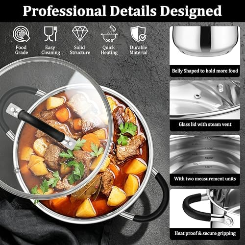 E-far 12 Quart Stock Pot with Lid, Stainless Steel Pot for Soup Simmering