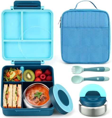 Itslife Bento Lunch Box for Kids with 8oz Soup Thermo&Lunch Bag, Leak-Proof Lunch Food Containers with 4 Compartment, Hot Food Insulated Food Jar for Kids School (Blue)