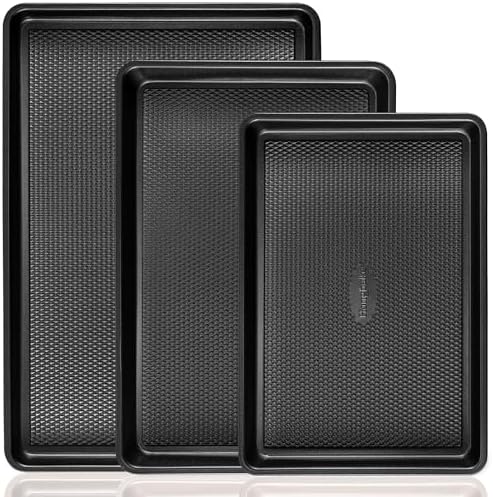 Cookie Sheets for Baking Nonstick - HONGBAKE Baking Sheet Pan Set of 3, Half/Quarter/Jelly Roll Pan for Oven with Diamond Texture Pattern, 57% Thicker Carbon Steel Cookie Trays, Dark Grey