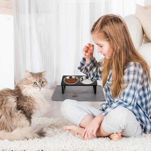 Summark Upgraded Elevated Cat Bowls with Food Mat,15°Tilted Stand Anti Vomiting Raised Cat Dishes for Food and Water,2 Stainless Steel Bowls for Cats and Puppy（Black）