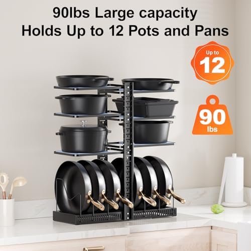 LAMU Pots and Pans Organizer under Cabinet, Adjustable Height Up to 24'', 6 Tier Pot Organizer Rack with 6 Horizontal Dividers, Adjustable Pot and Pan Organizer for Kitchen Storage, Black
