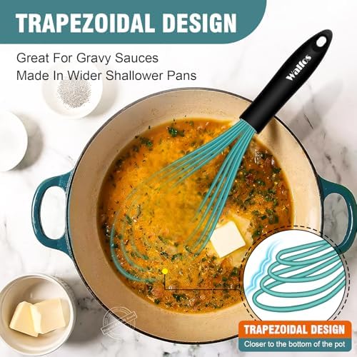 Walfos Silicone whisk,Whisks for Cooking Non Scratch, BPA Free whisk set of 4, 7+9+11in Balloon Whisks & 11in Flat Whisk, Heat Resistant(480°F).Great for Cooking in Pans, Baking, Whisking.Blue