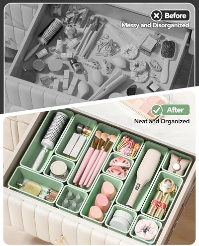 Canfanni 13 Pack Plastic Drawer Organizers Set, 3 Sizes Desk Drawer Organizer Trays for Vanity and Makeup Organizer, Organization and Storage for Makeup, Kitchen Utensils, Bathroom and Office(Green)