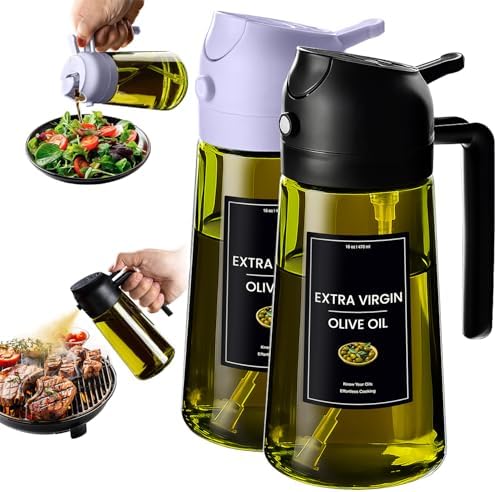 CXINYI - 16oz/470ml Olive Oil Dispenser for Kitchen with Stickers - 2 in 1 Olive Oil Sprayer for Cooking, Air Fryer, and Salad, Black&Purple (Light-Proof Kitchen Gadget)