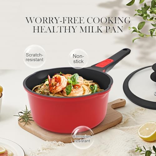 2.5 Qt Non Stick Sauce Pan with Lid, Nonstick Sauce Pot & Saucepan with Pour Spout, Milk Pan Pasta Pot, Mini Cooking Pot Induction Compatible, Detachable Handle, Oven Safe, PFOA Free, Red