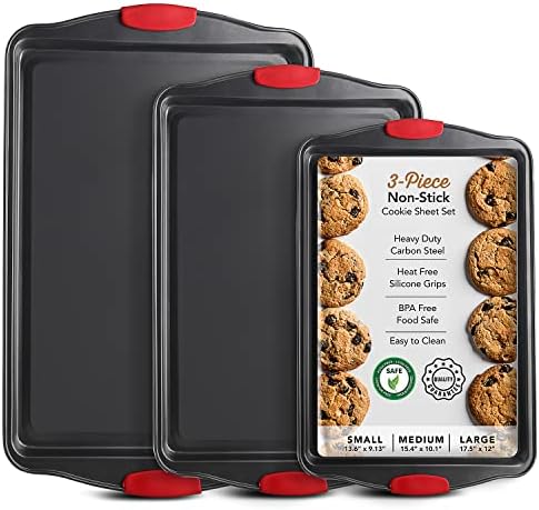 Eatex Nonstick Baking Sheet Set, 3-Piece Baking Pans Set with Silicone Handles, Carbon Steel Cookie Sheets for Baking, Commercial Grade Quality Oven Tray, Quarter/Jelly Roll/Half Sheet Pans for Baking