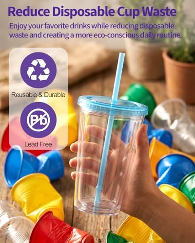 Zukro Clear Double Wall Plastic Tumbler with Lid and Straw 16 oz, 2 Pack