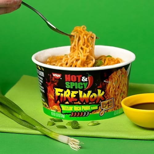 Nissin Hot & Spicy Fire Wok,Sizzlin' Rich Pork,4.37 Ounce,(Pack of 12)