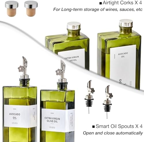 Olive Oil Dispenser Bottle for Kitchen, 16.9oz /500ml Cooking Vinegar Dispenser Bottle Set, Glass Sauce Container, Labels, Brush, Funnel, Stoppers, Green for Oil, Wine