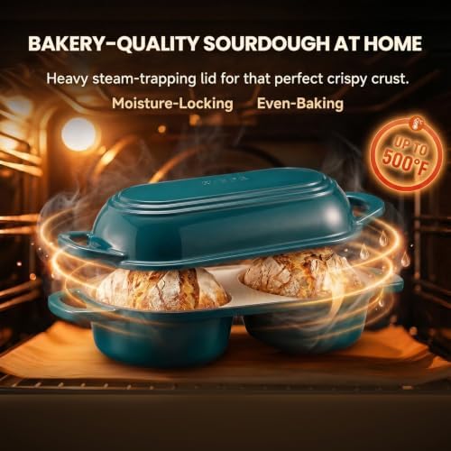 Double Dutch Oven for Bread Baking,Mini Cast Iron Sourdough Loaf Pan(Teal)