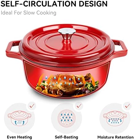 Miereirl 6.5 Quart Enameled Dutch Oven Pot with Lid, Cast Iron Dutch Oven with Dual Handles for Bread Baking, Cooking, Non-stick Enamel Coated Cookware (Red)